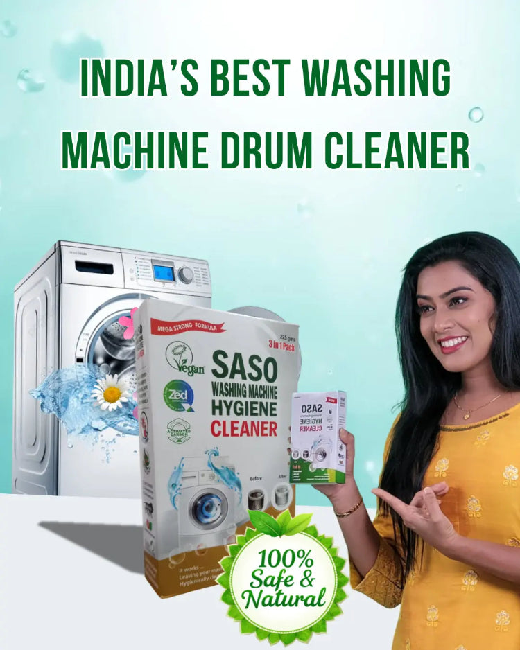 Woman holding Saso washing machine hygiene cleaner with a washing machine and packaging in the background on a light blue background.