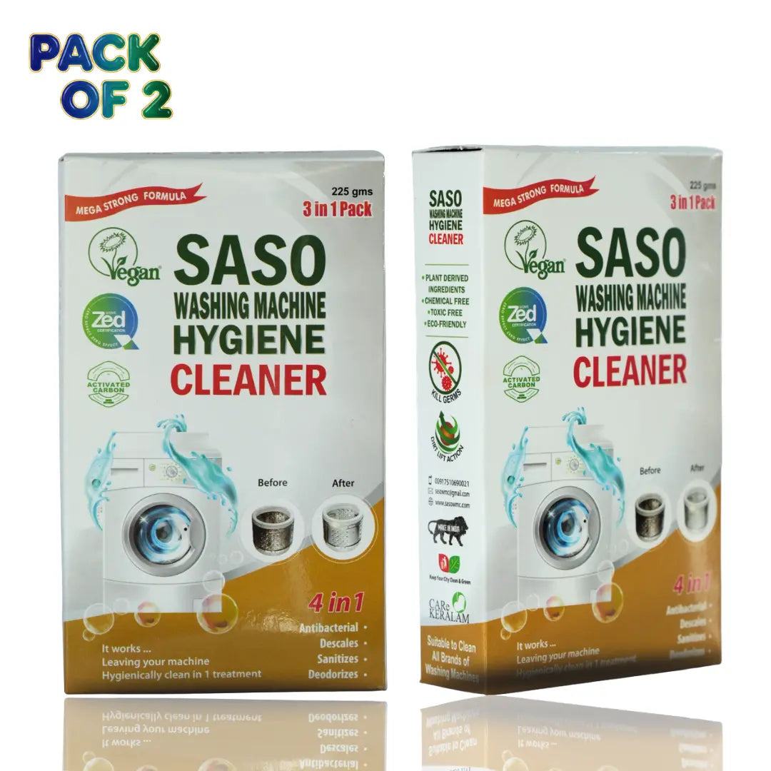 Two boxes of SASO Washing Machine Hygiene Cleaner on a white background