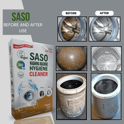 SASO Organics washing machine hygiene drum cleaner before and after images