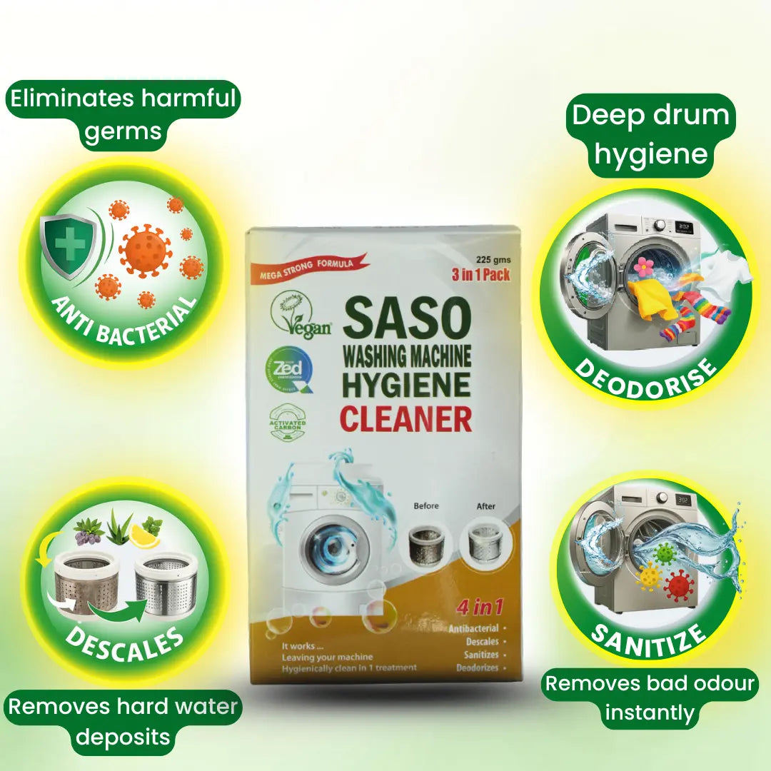 SASO washing machine hygiene cleaner packaging with features highlighted on a light green background