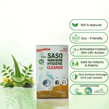 SASO washing machine hygiene cleaner packaging with natural elements and certification logos on a white background